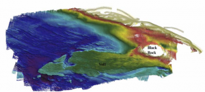 High-resolution multibeam bathymetric map of the area to the west of Black Rock in Minas Passage, produced by Seaforth Geosurveys Inc.